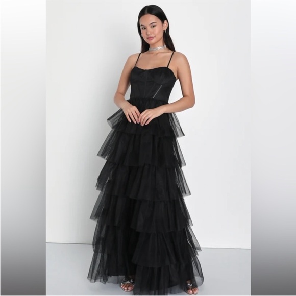 LULU’s Black 🖤 Lace Sequin Tiered Ruffle Sheer Corset Dress XL - Picture 5 of 5
